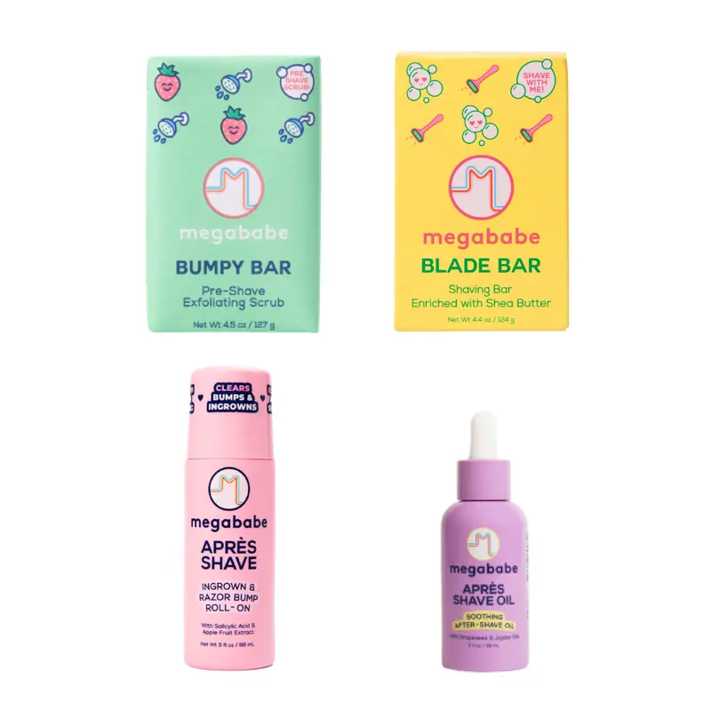Megababe Shave the Day 4-Piece Multi-Pack Shaving Kit - Solid Bumpy Bar, Blade Bar, Aftershave, Aftershave Oil, Shaving Gel for Sensitive Skin, Selfcare, TSA-Friendly Sizes, Smooth Bump-Free Skin