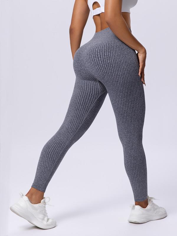 Fashion Candy Colors Women High-Waisted Butt-Lifting Tummy-Control Leggings, Soft Comfortable Breathable Elastic Ribbed Texture Sport Pants, Gym Workout Yoga Fitness Leggings, Suitable For Casual and Versatile Styles, Everyday Wear Must-Have For Wardrobe