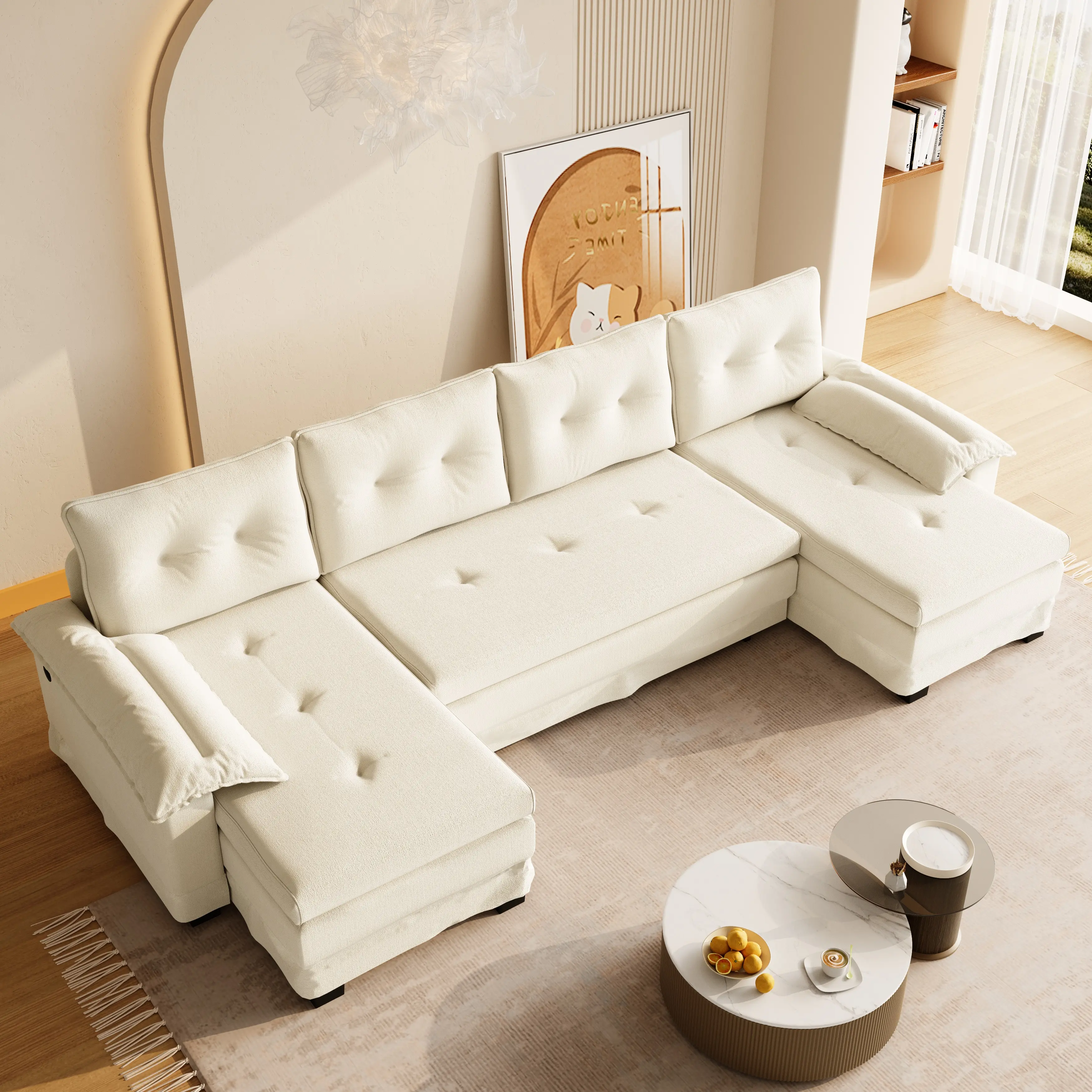 Eyisean 109.5in Chenille Modern Upholstered Sectional Sofa, 5-Seater Comfy Pull-Out Couch Bed with Chaise, 3-in-1 Convertible U-Shaped Sleeper with Removable Armrests & USB Ports, Deep-Seat Sofa Sectional Couch for Living Room, Comfy Sofa Couch