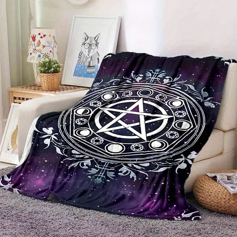 Large Pentagram Mandala Polyester Flannel Blanket - Pagan Theme, Soft Plush Texture, Mystery Print, for Bed, Sofa