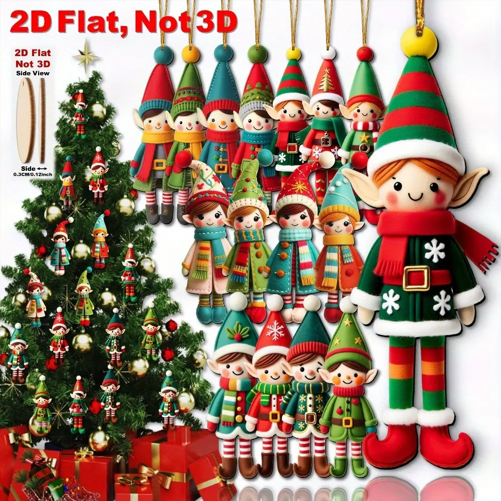 16 Piece Christmas Decoration Set, Wooden Elf Ornaments, Vintage Hand-Drawn Christmas Tree Decorations, Indoor Holiday Decor