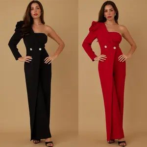 HALF LONG SHOULDER SLEEVE - PUFF WRINKLE DETAIL - TWO SIDE BY SIDE STONE BUTTON UP DETAIL - RHINESTONE TRIM - HALF LAYER - ONE SIDED STRAPLESS DETAIL - ZIPPER ON THE BACK