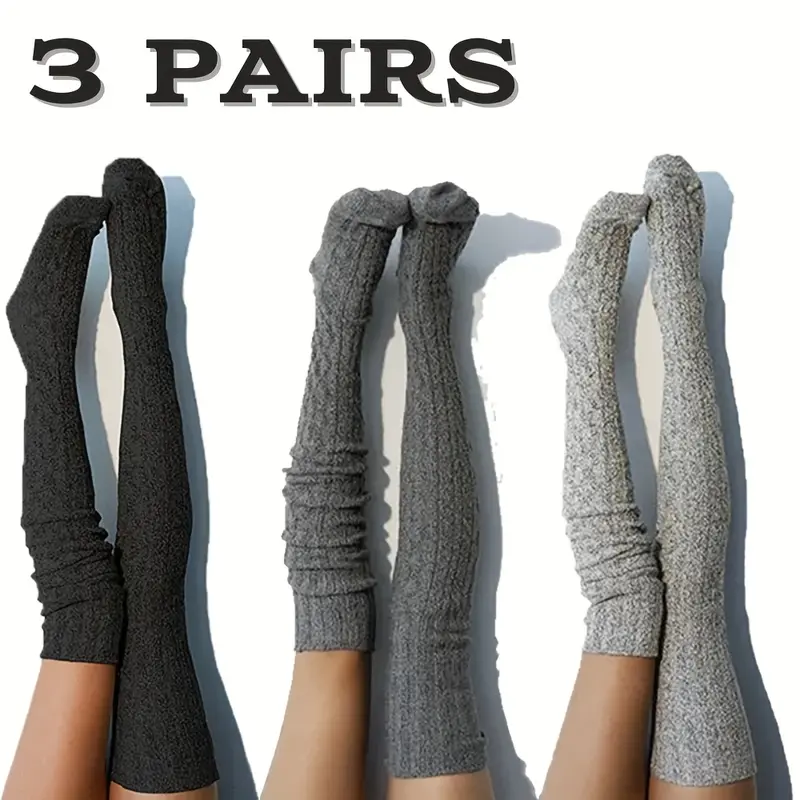 3 Pairs of Women's Thickened Over Knee Socks - Warm College Style, Soft Polyester, Machine Washable, Solid Color (Light Grey/Dark Grey/Black) - A Must for Cold Days, Perfect Winter Gifts, Colorful Sock Colors,