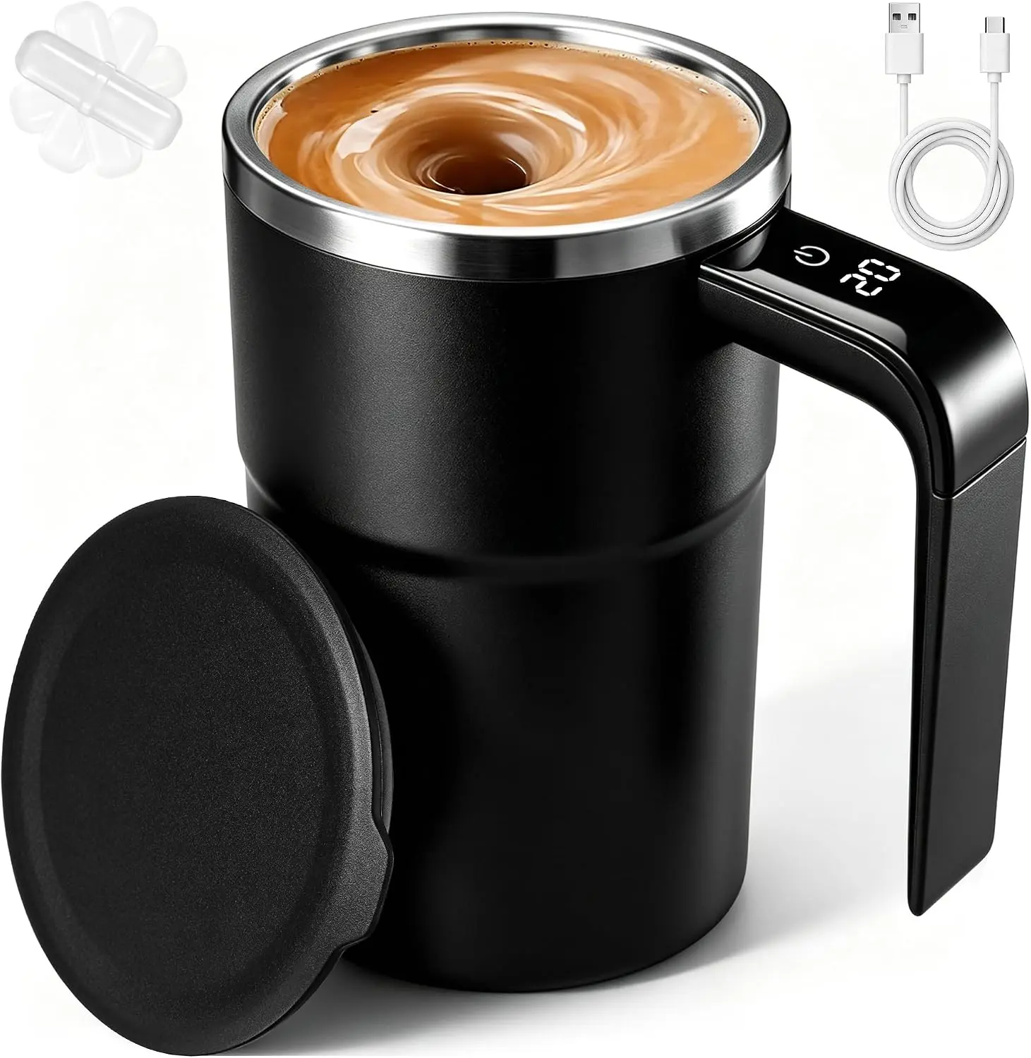 380 ml Self Stirring Coffee Mug, Rechargeable Self Stirring Mug with 7000 RPM Temperature Display 316 Stainless Steel, Waterproof Automatic Mixing Cup for Coffee Milk Cocoa Beverages, Black