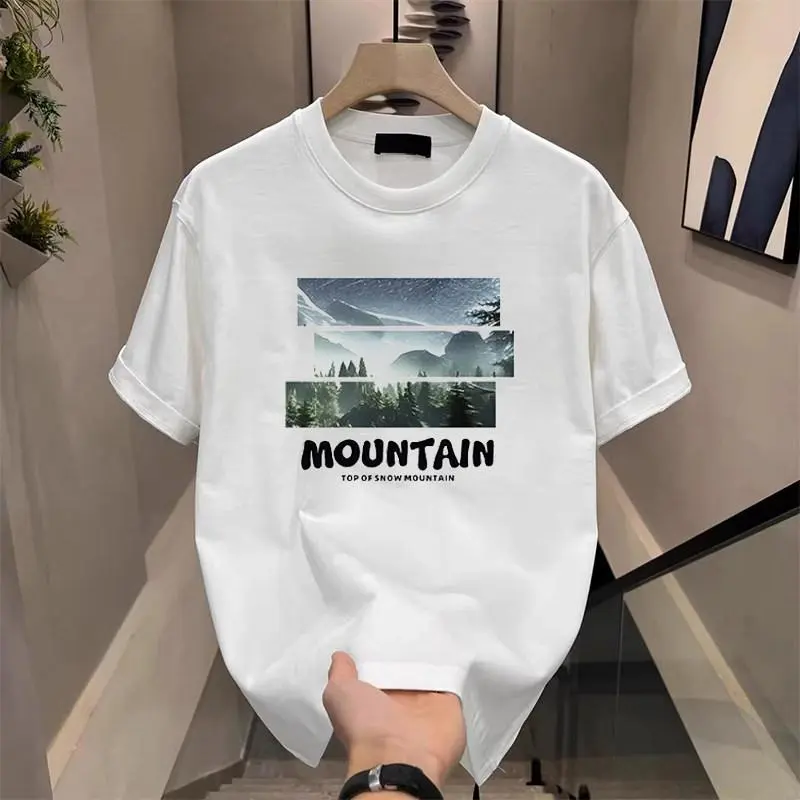 Mountain Landscape Graphic Tee Forest Scenery Print White T-shirt Streetwear Aesthetic Short Sleeve Top Soft Breathable Loose Fit Casual Shirt for Daily Wear Vacation Hiking Outdoors Traveling Gift for Nature Lovers Comfortable Stylish Piece