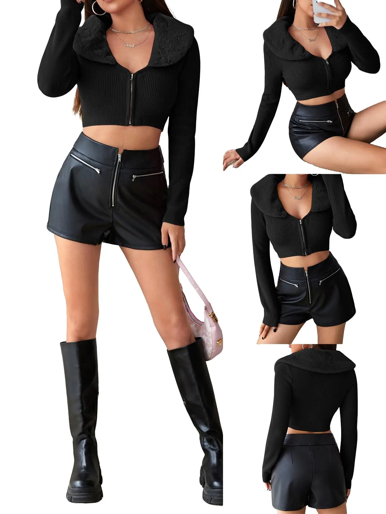 Women's Leather Zipper High Waist Shorts, Casual Fitted Short Pants, Plain Design, Zipper Fly, High Waist, Perfect for Daily Wear