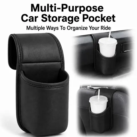 Car Cup Holder Organizer, PU Leather Hanging Drink and Phone Storage Pocket for Car Door or Seat Back, Universal Car Interior Accessory-YY
