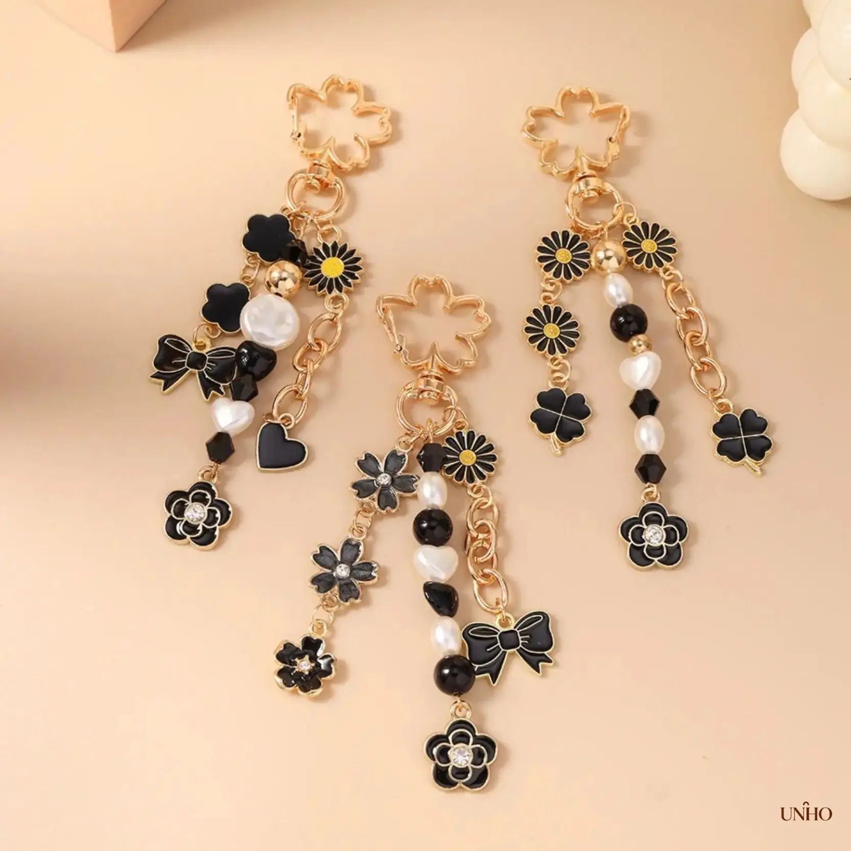 3Pcs New Summer Floral Beaded Key Ring Bag Charm Set, Daisy Cherry Blossom Peony Key Fobs With Bow Heart Decor, Cute Multi-Flower Daily Accessory & Sweet Holiday Gift For Girls