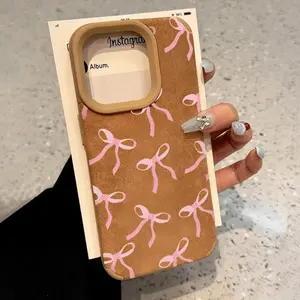 Pattern Luxury Matte Lambskin Faux Leather Phone Case for iPhone 15 Plus 16 Pro Max 14 13 12 11 XS XR Ribbon Bow Anti-Scratch Shockproof Soft Silicone Protective Cover