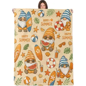 Summer Gnome Blanket,50x60in,Cozy Flannel Throw with Cute Beach Surfboard Watermelon Starfish Design,Soft Lightweight Gifts Blankets for Adults,Sofa Bed Travel Camping Coastal Holiday Decor