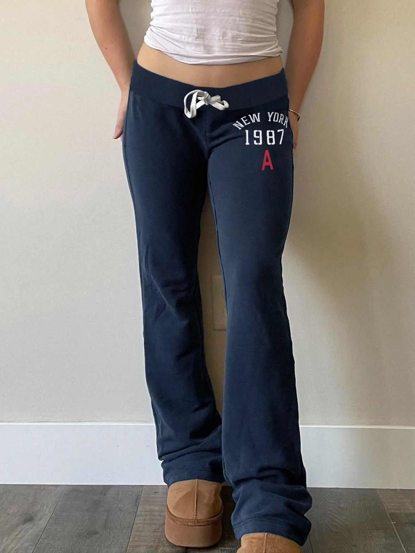 Blue Letter Print Tie Waist Elastic Waist Casual Sports Pants, Women's Lazy Simple Style Versatile Loose Knit Long Pants, Casual Summer Bottoms