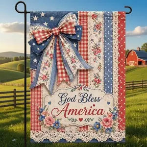 Faux Patchwork Coquette Bow Sweet Land Of Liberty Flag, 250th Anniversary Flag, 250 Years American 1776-2026 Anniversary Outdoor Flag, 4th of July Decor, Print Only
