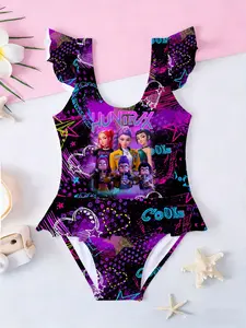 Girls Kpop Korean Style One-Piece Swimsuit, Cyberpunk Cartoon Idol Print Ruffle Sleeveless Swimwear, Summer Beach Bathing Suit
