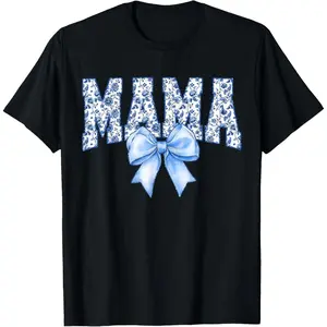 100%cotton Mama Shirt Blue Floral Coquette Bow Mama Mom Grandma T-Shirt