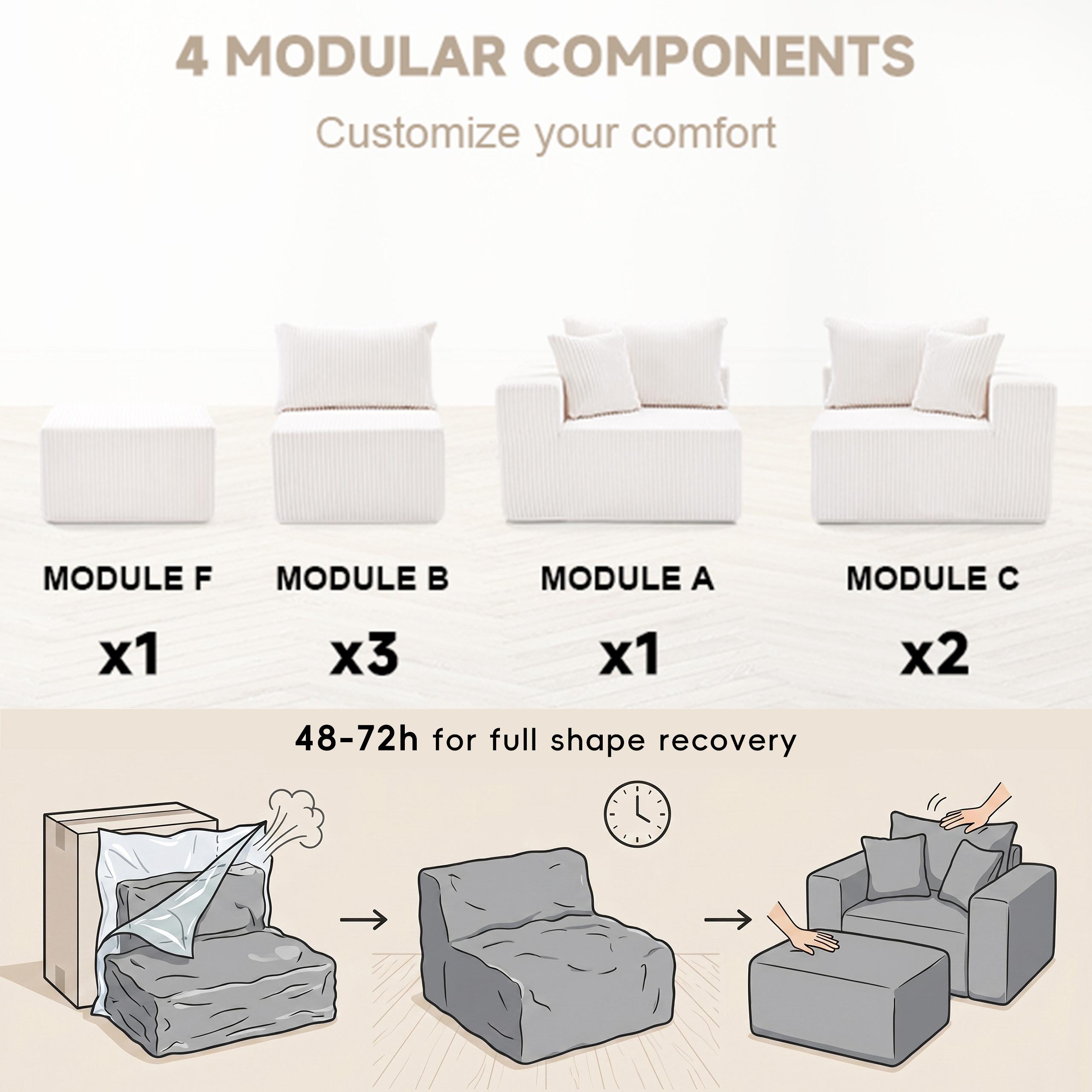 【4 packages】135.4" Cloud Couch Sectional, Sectional Sleeper Sofa with Deep Seat, Plush Corduroy U Shaped Boneless Couch, Convertible Modular Couches for Living Room, 7Seat