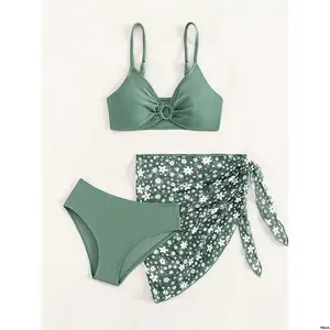 TeenGirlsRingLinkedBikiniSetWithFloralPrintBeachSkirtMatchingSetSummerBeach