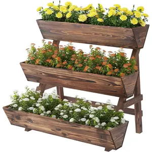 3-Tiers Wooden Raised Garden BedPlanter Box Gardening Outdoor Planter Box Patio Kit Tiered Planter Box Vertical Garden Planter   Stand for Patio, Balcony, Freestanding (Carbonized L)