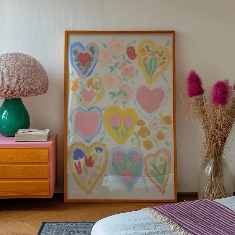 [No Frame] Vintage Watercolor Hearts Print Poster Colorful Nursery Wall Art