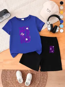 Boys Summer Short Sleeve T-Shirt & Loose Shorts Set, Art Font Print, Ghostbusters Cartoon Pattern, Casual Daily Wear