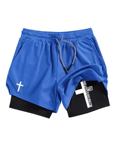 Men's Cross Pattern Regular Fit Multi-Pocket Double Layer Shorts, Summer Quick-Dry Breathable Gym 2-in-1 Workout Running Shorts, Athletic Wear Shorts, Outdoor Sports Shorts