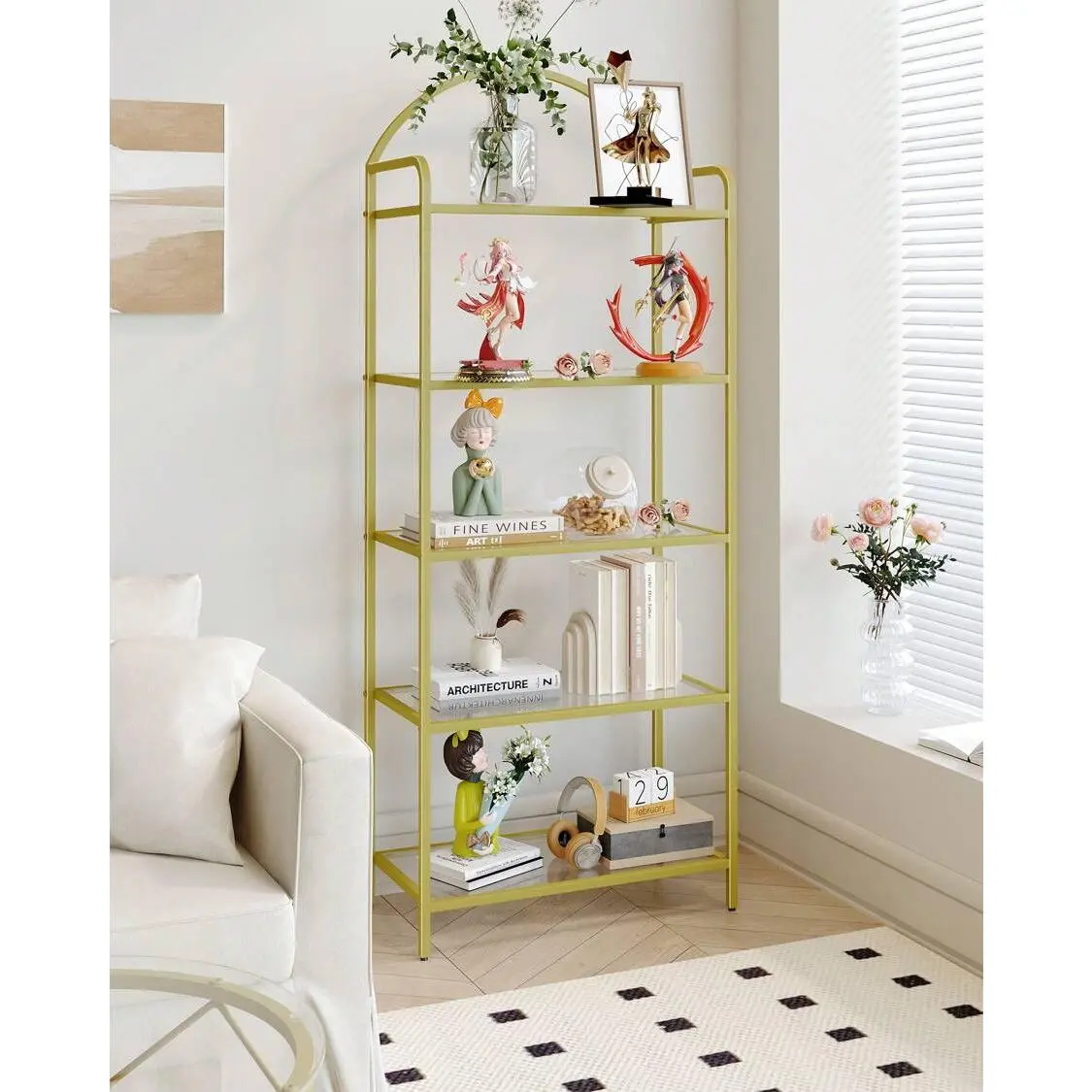 Gold Tempered Glass Wall Bookcase - 5/6 Tier Slim Steel Frame Shelving Unit, Room Storage, Decorate Your Room, 11.8"d x 23.6"w x 59.1"h, 27.1/30.6 lb, for Bedroom, Home Office, Shelf