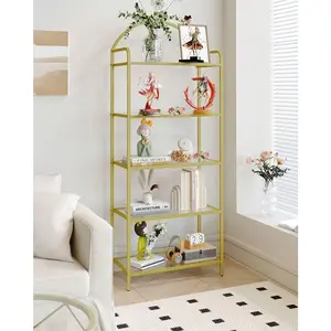 Bookcase Bookshelf, Tempered Glass Bookshelves, Slim Shelving Unit For Bedroom, Bathroom, Home Office, Steel Frame,Home Decor, 5/6 Tier Gold Wall Shelf