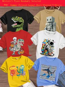Boys Summer Casual Dinosaur Astronaut Print Short Sleeve T-Shirt, Funny Graphic Tees, Comfortable Loose Fit, Random Style, Perfect Gift