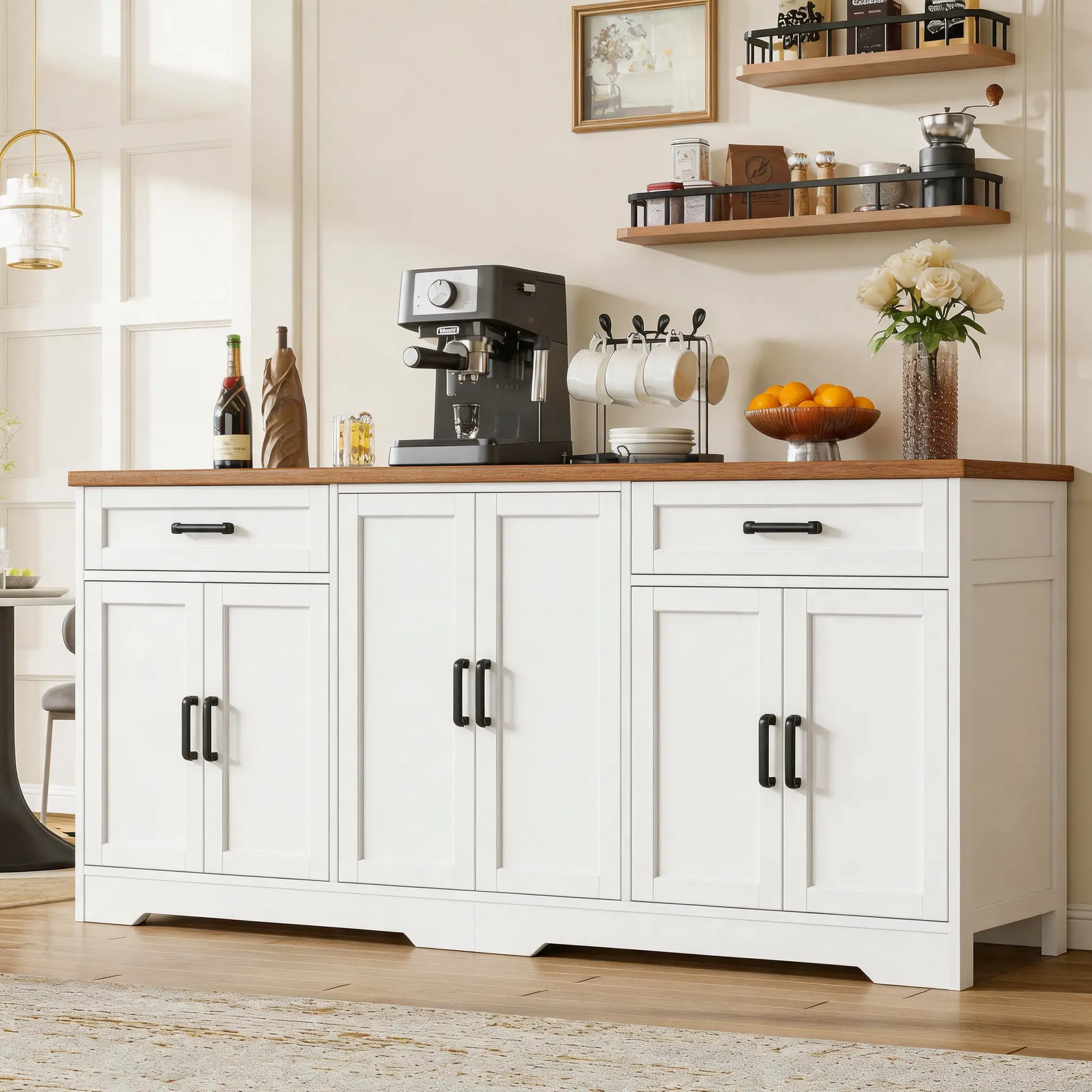 Fabiula 70.9 in Rectangular French Country Buffet Cupboard - 6 Doors, 2 Drawers, Kitchen Storage Cabinet for Living Room Coffee Bar