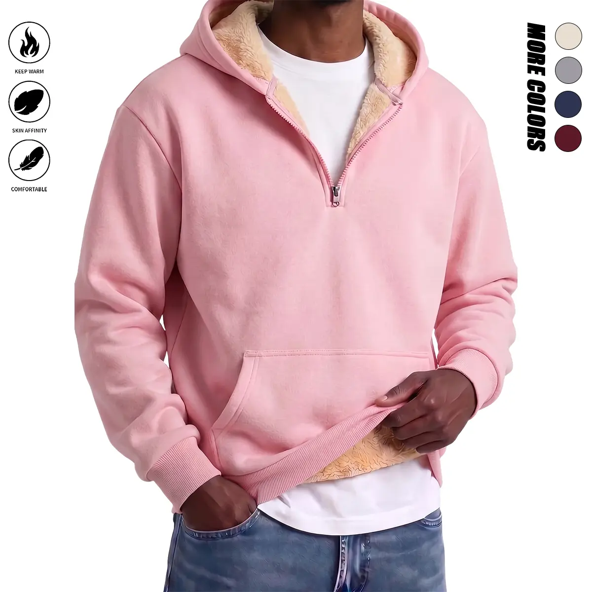 Unisex Hooded Half-Zip Sweatshirt, Thick Fleece Inside, Soft & Breathable, Loose Fit, Stand Collar When Unzipped, Front Kangaroo Pocket, for Outdoor Walk, Camping & Home Lounge – Snug & Edgy