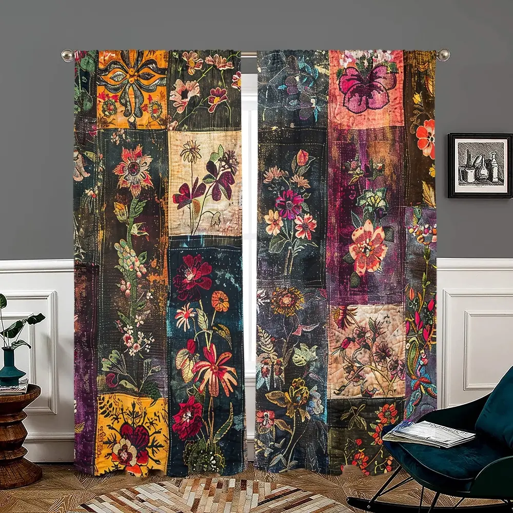 2 Piece Boho Vintage Floral Print Curtains, Rod Pocket Design, Half Transparent Privacy Drapes, Polyester Material, Bedroom Living Room Decor, Home Decoration Curtain, Home Decorative Curtain
