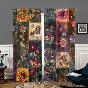 2 Piece Boho Vintage Floral Print Curtains, Rod Pocket Design, Half Transparent Privacy Drapes, Polyester Material, Bedroom Living Room Decor