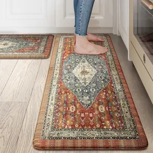 Collive Boho Kitchen Mats 2PCS, Cushioned Kitchen Mat for Floor Anti Fatigue Waterproof Kitchens Rugs Set of 2, Non Skid Comfort Standing Rug for Office, Sink, Laundry, 17.3x29+17.3x47