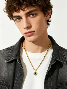 Classic Stainless Steel Rope Chain with Blue Demon Eye Pendant Necklace, Choker Necklace For Men And Women,Casual All-Season Jewelry