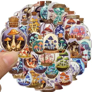 50pcs Bottle Mushroom Stickers,Vintage Mushroom Sticker Waterproof PET Art Stickers for Scrapbook Journaling Photo Album Collage Card Nature Colorful Agaric Sticker for Teens and Adults