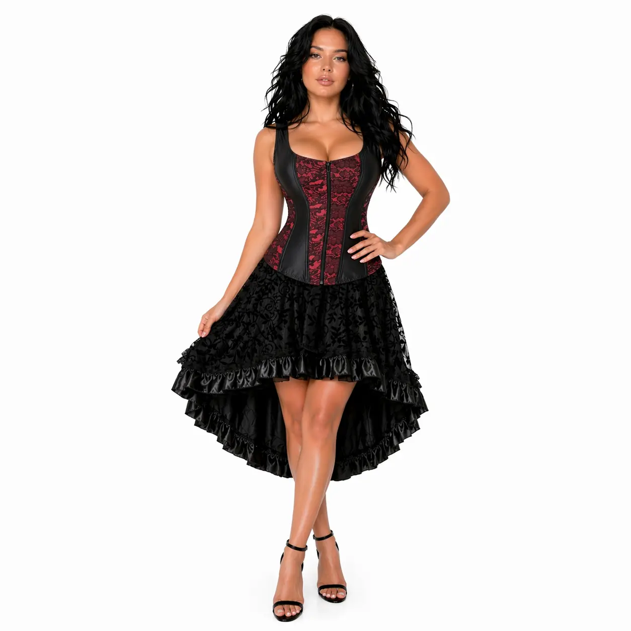 Women's 2 Piece Set - Gothic Steampunk Sleeveless Lace Corset with High-Low Skirt, Aesthetic Halloween Costume Partywear, Fashion, Style, Gowns