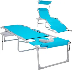 # WEJOY 4-in-1 Tanning Chair with Face Hole and Side Table - 5-Position Face Down Folding Chaise Lounge with Canopy Shade & Cup Holder - Portable Heavy Duty Tanning Bed for Beach, Pool, Patio (Blue)