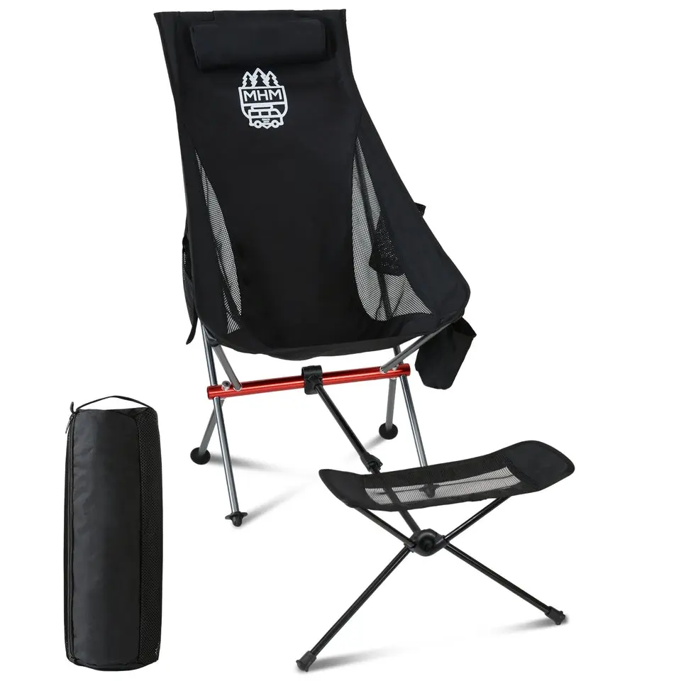 MHM Portable Camping Chair with Footrest, High Back Reclining Lightweight Folding Chair with Cup Holder, Storage Pocket & Carry Bag for Camping, Beach, Backpacking, Outdoor