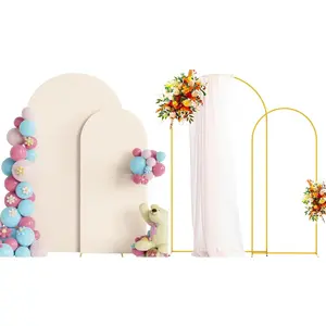 Metal Arch Stand with Cover Set of 2 Beige Spandex Fitted Wedding Arch Cover and Round Top Chiara Backdrop Stand for Birthday Party  Shower Decoration 7.2FT, 6FT