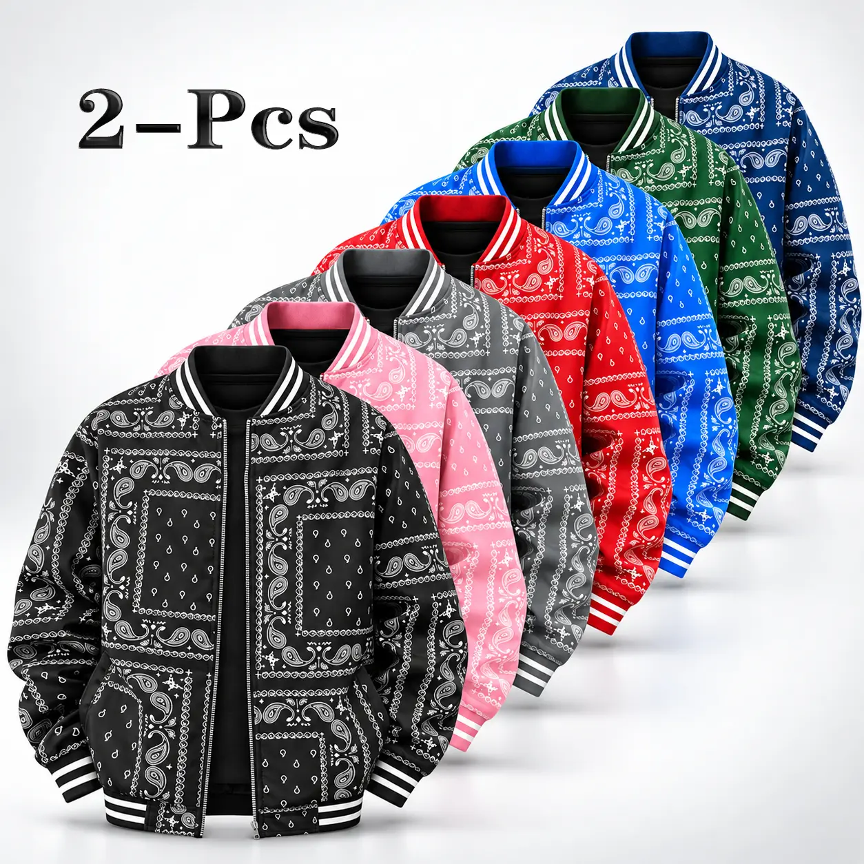 Men's Casual Stylish Bandana-Pattern Bomber Jacket (1-Pack/2-Pack) - Menswear Tops with Ribbed Striped Trim, Front Zip, Soft Outerwear Material, Retro Paisley Varsity Design, Ideal for Daily Wear & Street Matching mens puffer city commuting