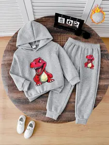 Boys' Dinosaur Hoodie & Jogger Pants Set, Thick Fabric Fall Winter, Casual Fitted Style, Warm Kids Clothing Gift Option
