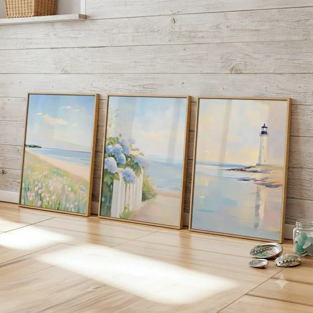 Set of 3 Pastel Coastal Wall Art / Summer Beach Print / Ocean Wildflowers / Blue Hydrangeas Painting / Be