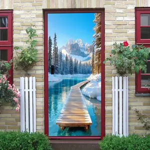 2pcs Winter Snow Mountain Lake Wooden Plank Road Scenery Wall Sticker Living Room Bedroom Wall Decoration Self Adhesive Removable Home Mural Wallpaper