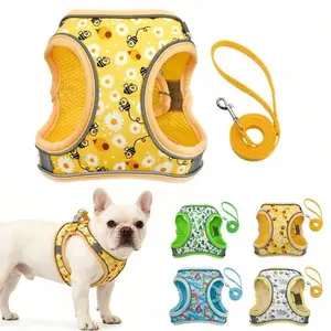 Sporty Protective Gear Breathable Honeycomb Mesh Dog Harness and Leash Set - Reflective Strips for Night Safety, Anti-Escape Cute Print Design for Small-Medium Dogs Daily Walks