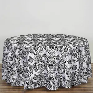 Taffeta Round Tablecloth 120" Black with Velvet Flocking Damask Design - Seamless Finish for Formal Occasions