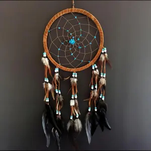 OMA Large Dream Catcher – Brown Suede with Turquoise Stones and Feathers, Traditional Dreamcatcher for Bedroom, Living Room, Dorms & Gift, Size - 28” x 9”