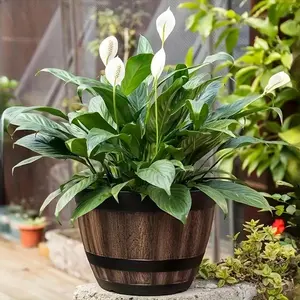 Vintage Whiskey Barrel Design Plant Pot, Resin Striped Pattern Garden Pot with Drainage Hole & Saucer, Indoor & Outdoor Plant Container