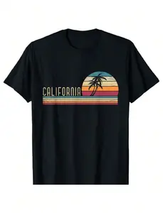 Cali Summer Vacation CA Palm Trees USA Retro California T-Shirt For Men Women Girls Kids,Slogan Print Round Neck Short Sleeve Tee For Women,Unisex,Contains Cotton Casual T - Shirt