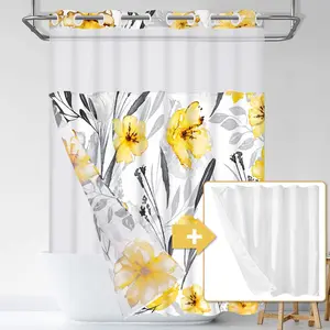 No Hook Shower Curtain with Snap On Shower Curtain Liners Replacement, Hotel Blue Floral Shower Curtain with 2 Liners and See Through Window, Double, Waterproof, Washable, 71" x 74"