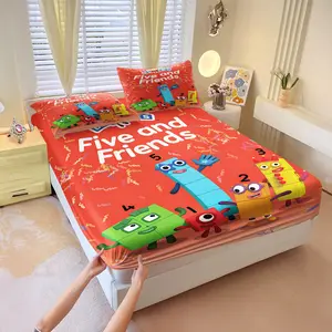 Colorful Number Friends Printed Fitted Sheet Set, Includes 1 Fitted Sheet & 2 Pillowcases without Filler, Orange base with cartoon number characters, playful theme & educational, soft and skin-friendly, Bedding Set