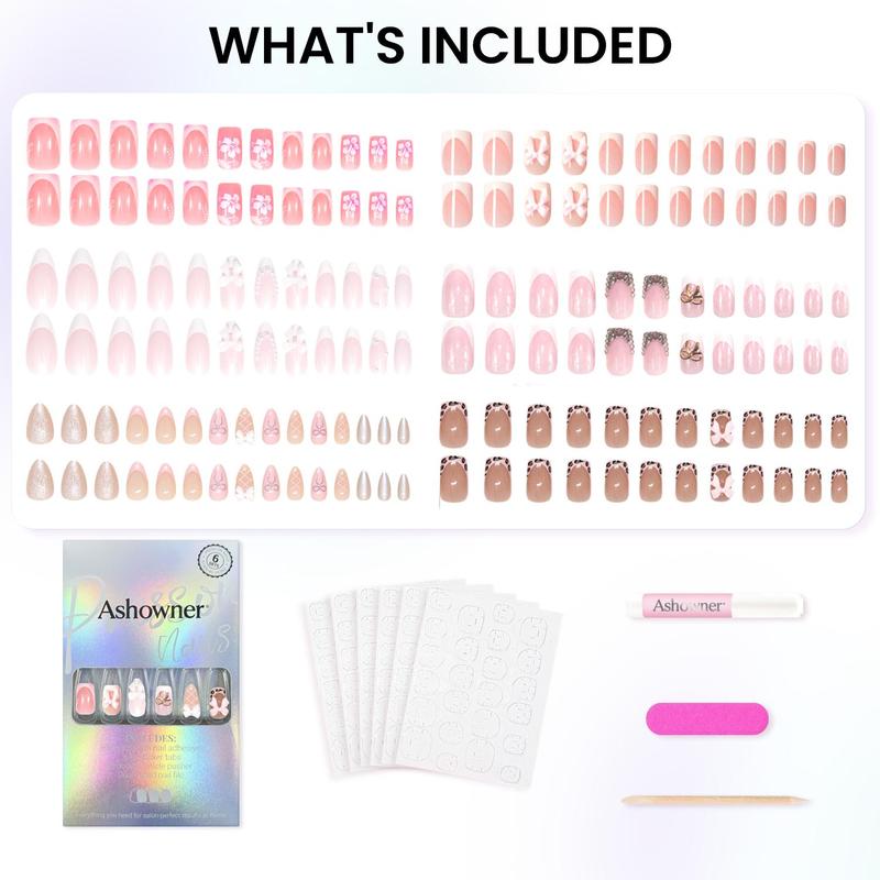 144 Pcs Press On Nails (6 Packs) | Nude Pink French, Bow & Floral Mix | Almond & Coffin Shapes | 3D Flower, Ribbon Bow & Glitter Styles | Reusable Stick On Nails with Jelly Glue | 12 Sizes